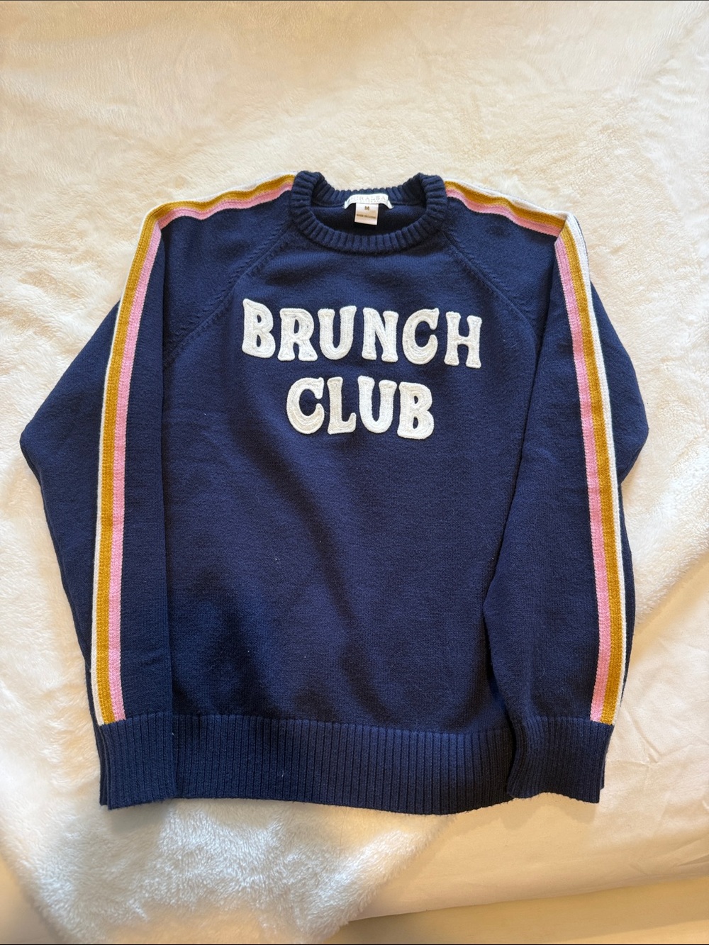 Shiraleah Navy Crewneck Sweater with Pink and Yellow Stripe Sleeves
